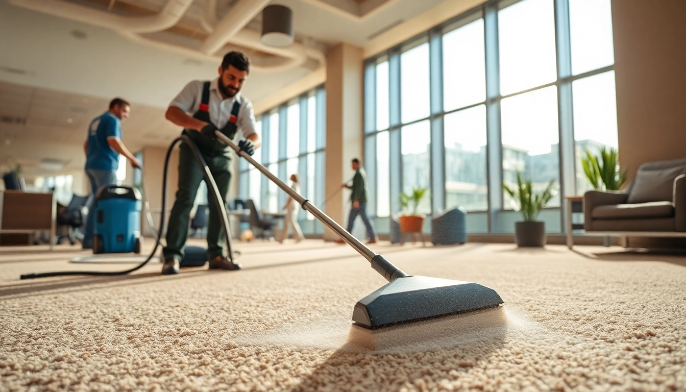 Technician engaged in commercial carpet cleaning with steam cleaner in an office.