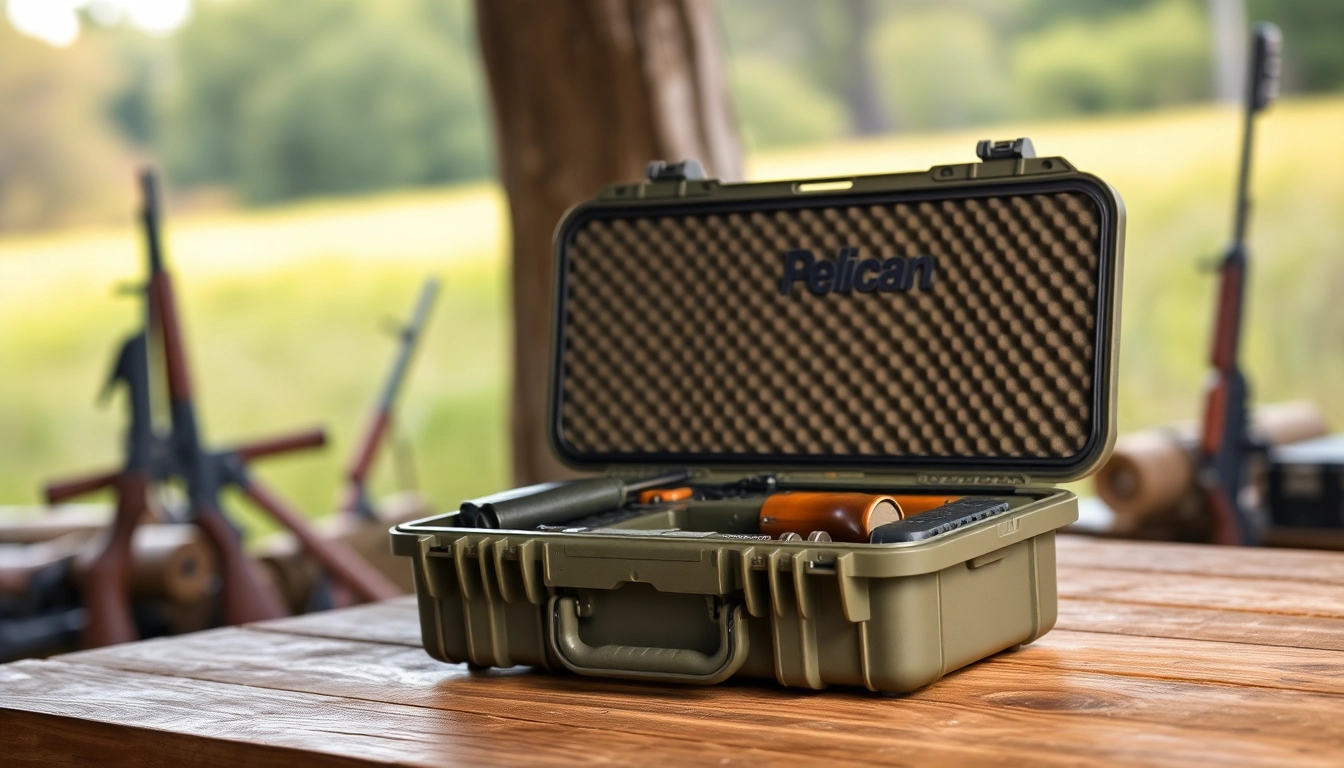 Pelican gun case for sale displayed with rifle accessories on a wooden table.