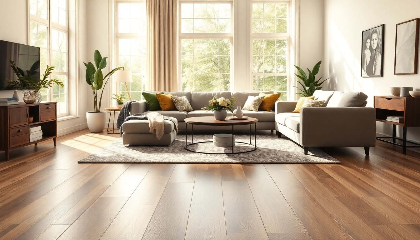 Stunning vinyl plank flooring in earth taupe color enhances a cozy living room's ambiance.