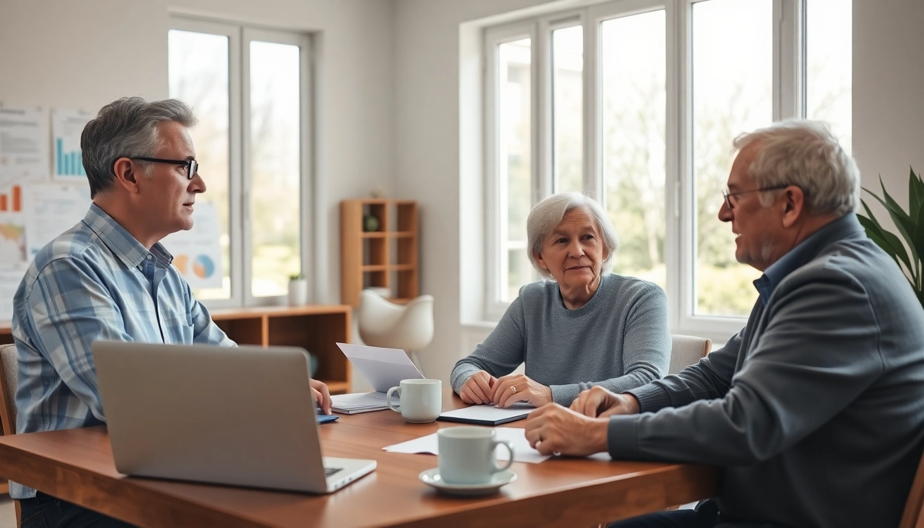 Financial planner discusses social security maximization strategies with a couple in a modern office.
