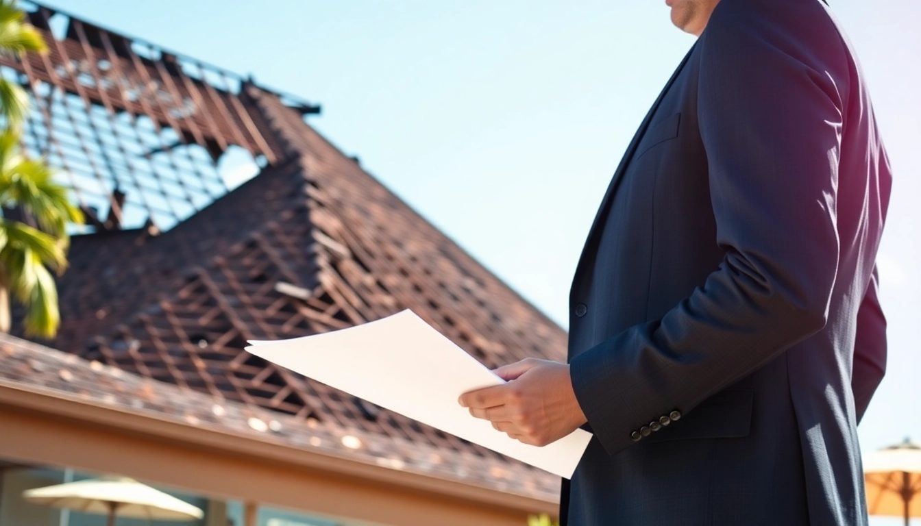 Roof damage public adjuster examining a casino roof, showcasing expertise and diligence.