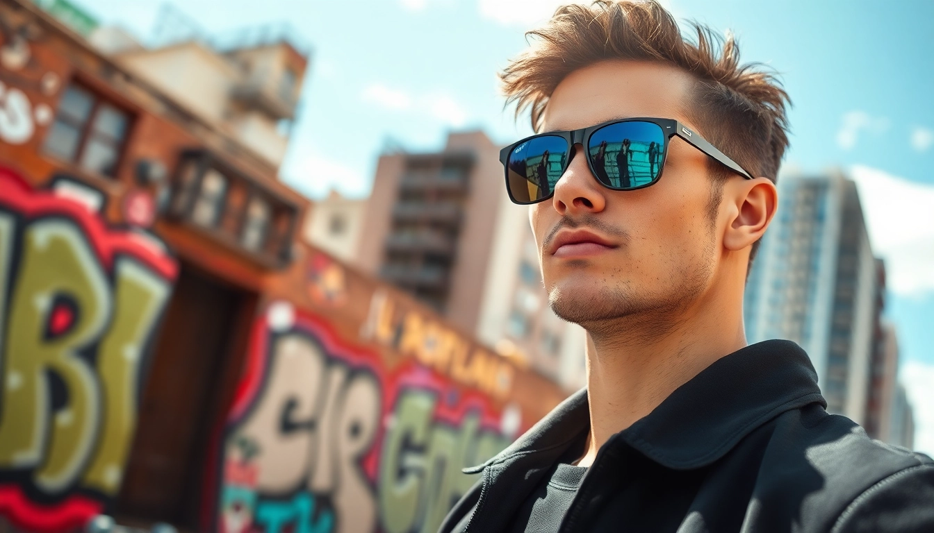 Stylish man showcasing trendy sunglasses for men against an urban backdrop.