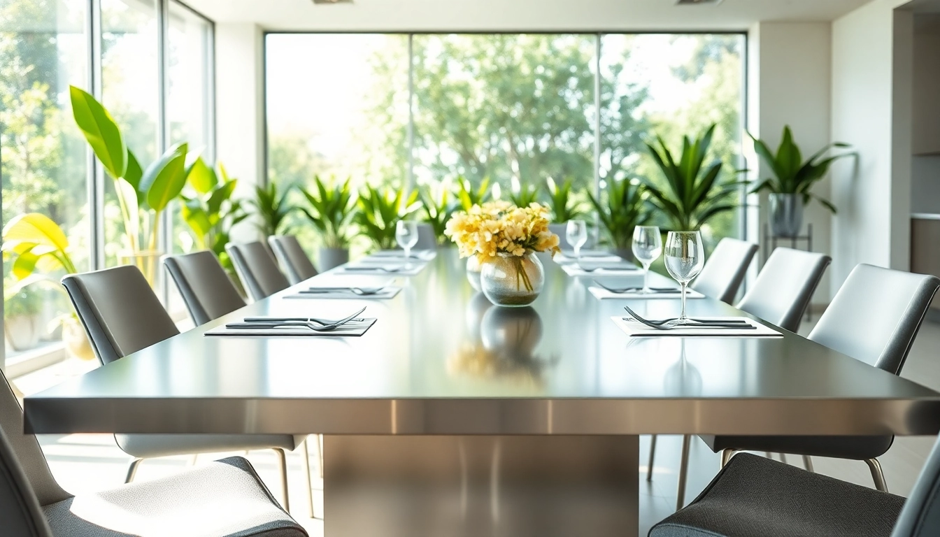 Highlighting a stainless steel table in a modern dining setting, featuring elegant decor and lighting.