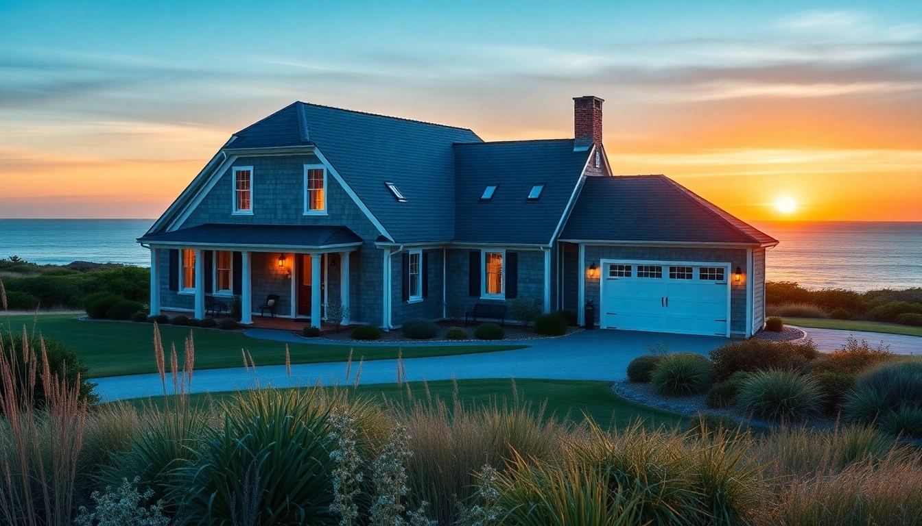 Enhance your vision of cape cod homes featuring a spacious attached garage and coastal landscape.
