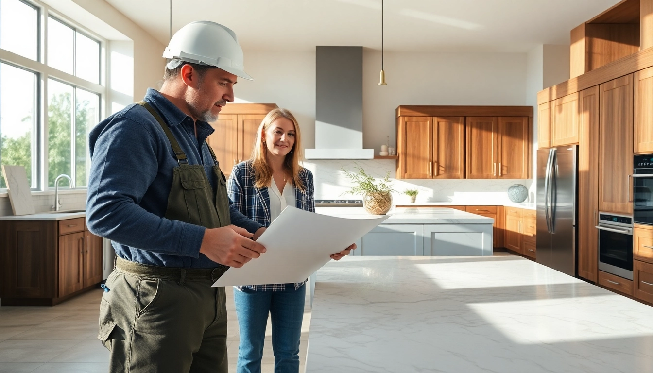 Best contractor for high-end remodels Austin collaborating with clients in a luxurious kitchen setting