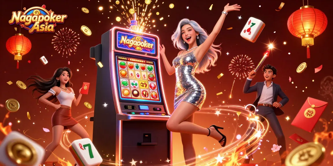 Nagapoker Asia showcases an Asian woman celebrating on a jackpot slot machine amid vibrant casino elements.