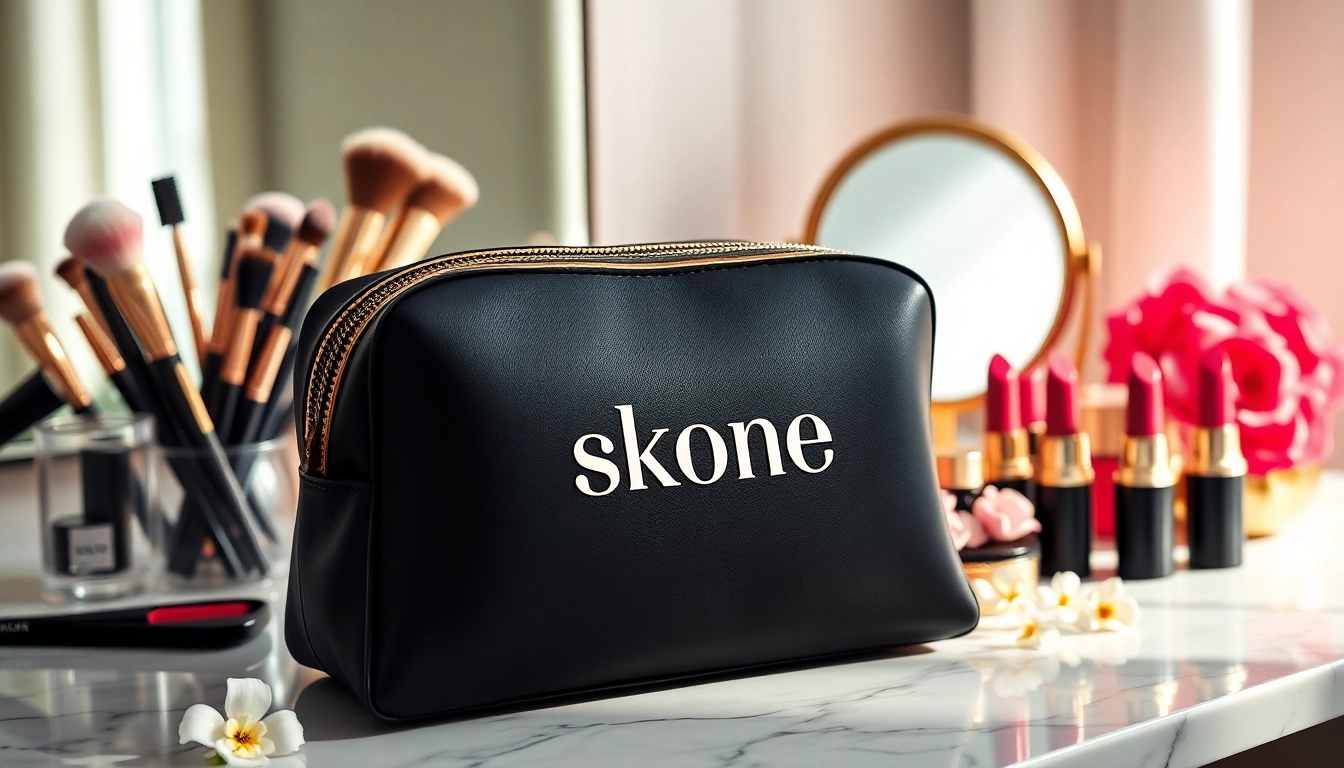 Showcasing the skone cosmetics signature makeup bag in a chic vanity setting with vibrant colors and textures.