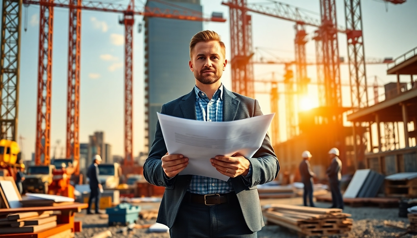 New York Construction Manager overseeing a bustling construction site with blueprints.