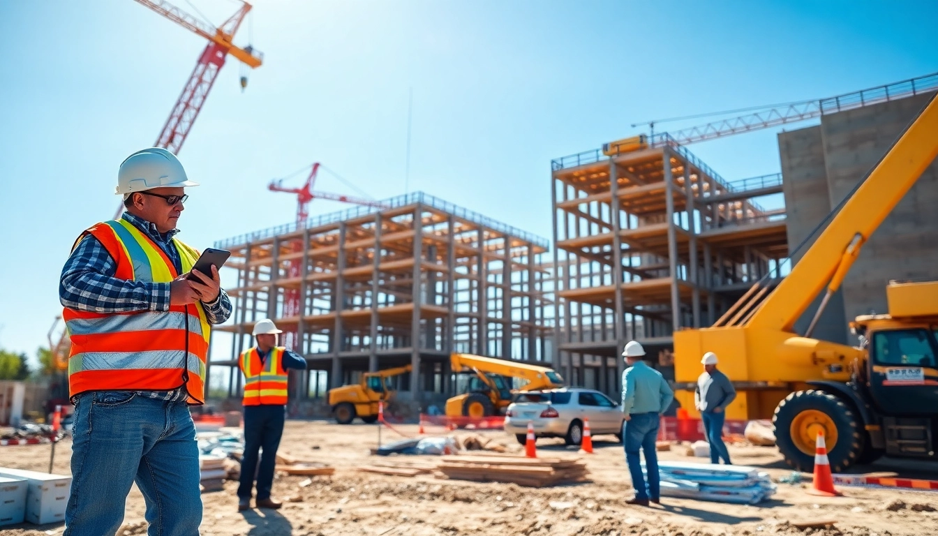 New Jersey Commercial General Contractor overseeing a busy construction site with builders and machinery.