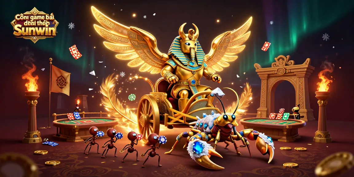 Cổng game bài đổi thưởng Sunwin features a golden scarab beetle chariot in a dynamic gambling scene with slot and poker elements.