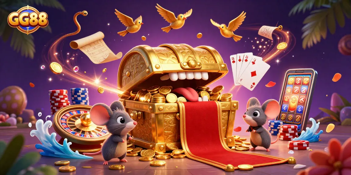 Experience thrilling gameplay at GG88 with a treasure chest and cascading riches in a vibrant casino scene.
