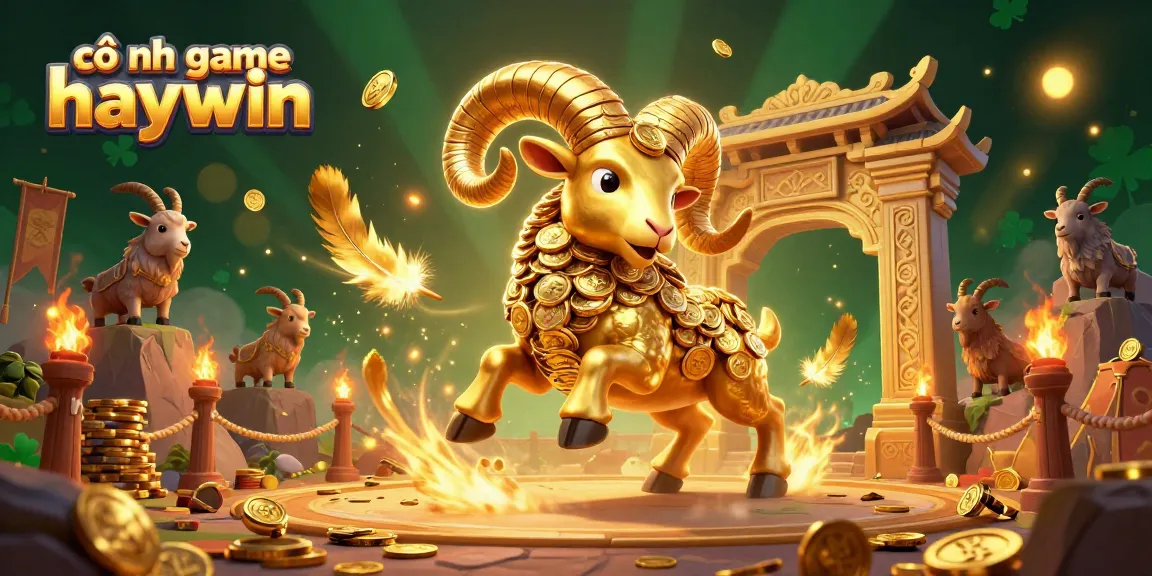 Engage with cổng game haywin in a vibrant 3D illustration featuring a golden ram charging towards winnings.