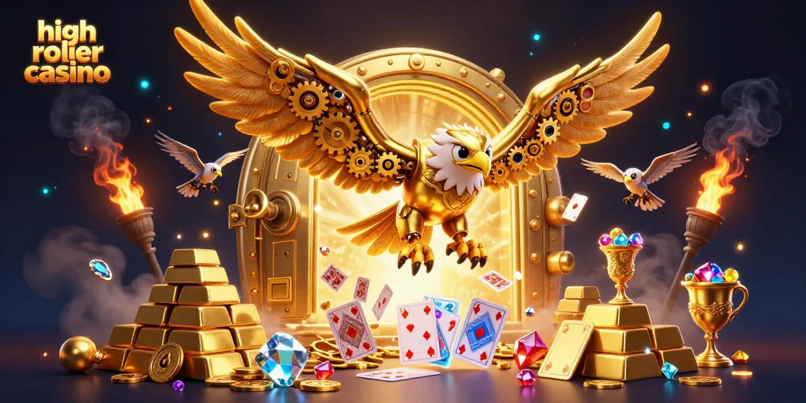Experience the thrill of a high roller casino with a golden eagle diving through holographic cards.